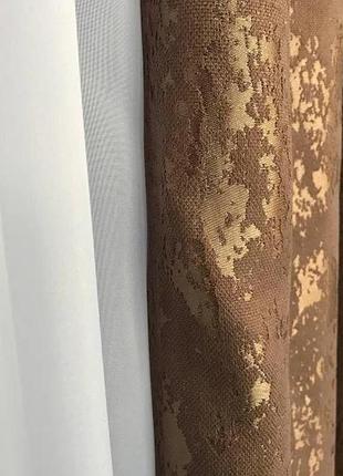 Готовый комплект мраморных штор на тесьме с подхватами 200х270 см с тюлем шифон 400х270 см цвет- коричневый10 фото