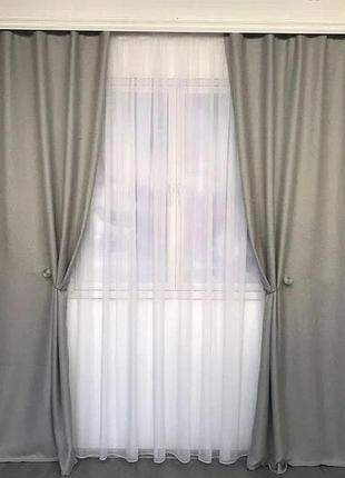 Готовий комплект штор мішковина блекаут на тасьмі 150х270 см з тюлем шифон 400х270 см колір сірий