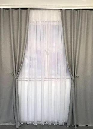 Готовий комплект штор мішковина блекаут на тасьмі 150х270 см з тюлем шифон 400х270 см колір сірий