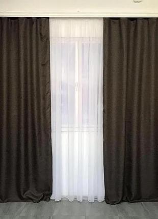 Готовий комплект штор мішковина блекаут на тасьмі 150х270 см з тюлем шифон 400х270 см колір шоколадний