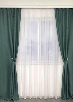 Готовый комплект штор мешковина блэкаут на тесьме 150х270 см с тюлем шифон 400х270 см цвет зеленый2 фото