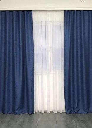 Готовий комплект штор мішковина блекаут на тасьмі 150х270 см з тюлем шифон 400х270 см колір синій1 фото