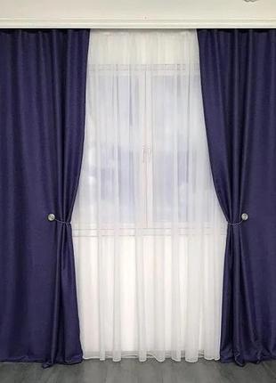 Готовый комплект штор мешковина блэкаут на тесьме 150х270 см с тюлем шифон 400х270 см цвет фиолетовый
