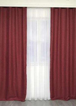 Готовий комплект штор мішковина блекаут на тасьмі 150х270 см з тюлем шифон 400х270 см колір бордовий1 фото