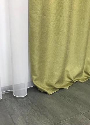 Готовий комплект штор мішковина блекаут на тасьмі 150х270 см з тюлем шифон 400х270 см колір оливковий8 фото