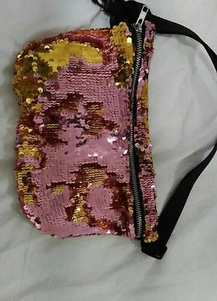 Двухцветная сумочка в пайетках-перевертышах (розовая с золотым)5 фото
