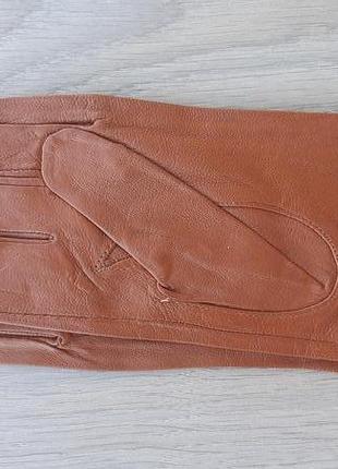 Женские кожаные демисезонные перчатки (светло-коричневые, без подкладки)2 фото