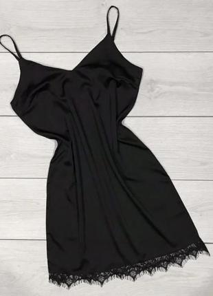 Красивый чёрный шелковый пеньюар с кружевом, женская шелковая ночная сорочка