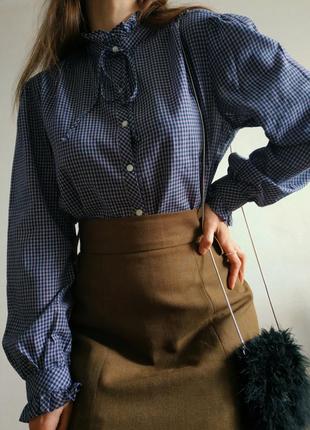 Блуза в клітинку воріт сорочка стійка вінтажна синя xl xxl l ретро об'ємний рукав