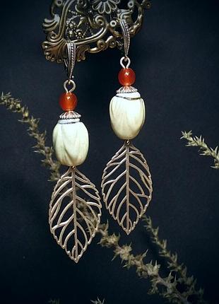 Срібні сережки листочки з керамікою і сердоліком 925