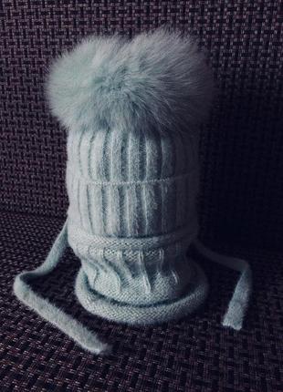 Шикарная мятная зимняя шапка бени с песцовым помпоном fox mint.1 фото