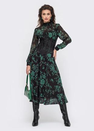 Невероятное шифоновое платье чёрное зелёное миди ниже колен длинное с длинным рукавом расклешенное под горло