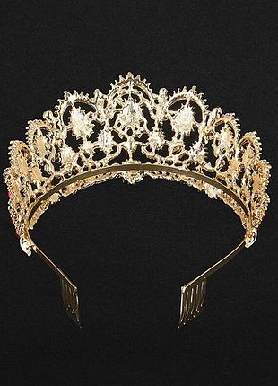 Свадебная диадема, корона, тиара на голову для невесты позолота 47129с-в