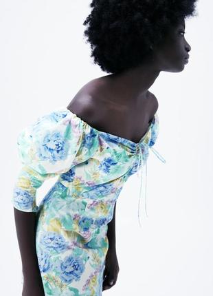 Голубое платье в цветы/цветочное на спущенных плечах зара/zara3 фото