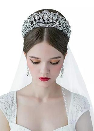 Свадебная диадема, корона, тиара на голову для невесты посеребрение 47139с-а5 фото