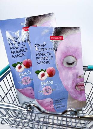 Кислородная тканевая маска с экстрактом персика purederm deep purifying pink o2 bubble mask peach 25