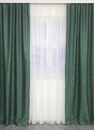 Готовый комплект штор из льна блэкаут на тесьме 150х270 см с тюлем шифон 400х270 см. цвет мятный1 фото