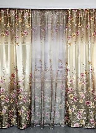 Комплект штор с тюлем на тесьме шторы 150х270 тюль 400х270 шторы с тюлем в цветы цветочные шторы - оливковый