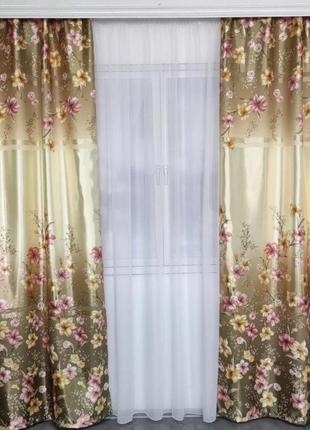 Комплект штор с тюлем на тесьме шторы 150х270 тюль 400х270 шторы с белым тюлем цветочные шторы - оливковый