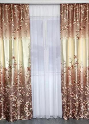 Комплект штор с тюлем на тесьме шторы 150х270 тюль 400х270 шторы с белым тюлем цветочные шторы - коричневый