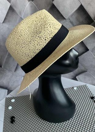 Женская летняя шляпа федора тканая бежевая5 фото