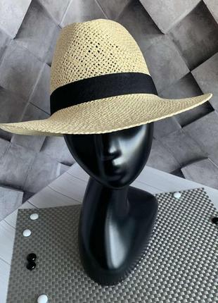 Женская летняя шляпа федора тканая бежевая6 фото