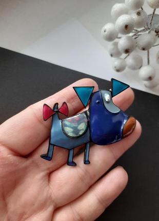 Брошь потешная собачка мультяшная собака пёс собакен пёсик разноцветная цветная синяя...
