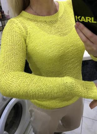 Lola liza , яскравий кислотний лимонний ажурний пуловер , стрічкова пряжа, мімоза3 фото