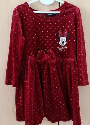 Disney minnie mouse платье бархатное велюр девочке 2-3г 98-104см бордовое с золотом