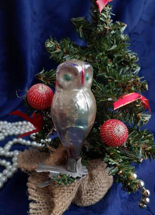 Сова 🦉🎄❄ філін сич ☃️ ялинкова іграшка срср фігурка на прищіпці новорічна скло емалі розпис радянський вінтаж