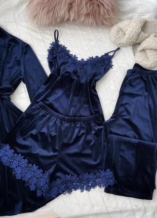 Бархатная велюровая синяя пижама четверка майка, шорты, штаны, халат, комплект для дома, піжама2 фото