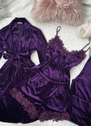 Бархатная велюровая фиолетовая пижама четверка майка, шорты, штаны, халат, комплект для дома, піжама2 фото