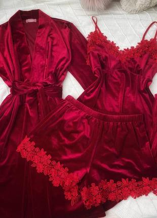 Бархатная велюровая красная пижама четверка майка, шорты, штаны, халат, комплект для дома, піжама2 фото
