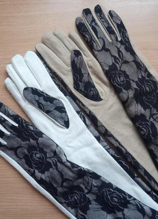 Довгі теплі зимові рукавички р. l з гипюровыми вставками, богемний шик7 фото