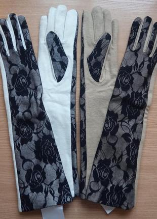 Довгі теплі зимові рукавички р. l з гипюровыми вставками, богемний шик5 фото