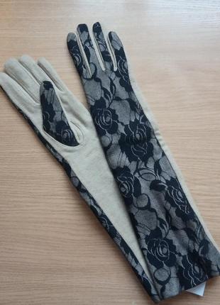 Длинные теплые зимние перчатки р. l с гипюровыми вставками, богемный шик1 фото