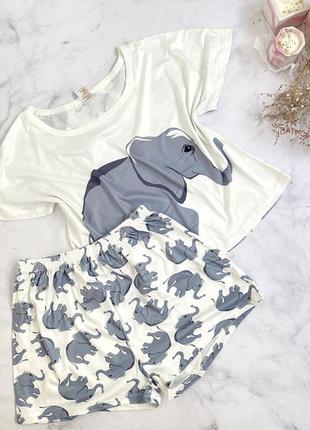 Женская лёгкая пижама шорты+футболка/жіноча трикотажна піжама авокадо, слони