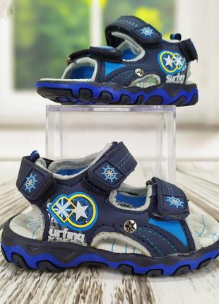 Детские босоножки, сандалии для мальчика открытые синие на липучках8 фото