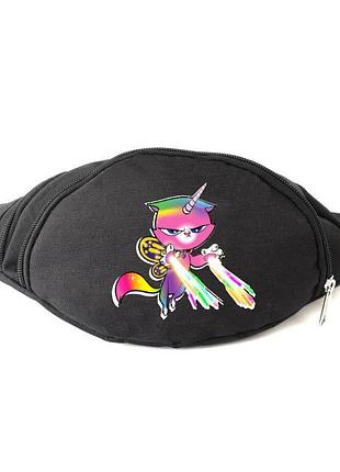 Сумка бананка на пояс радужно бабочково единорожная кошка cappuccino toys (rainbow butterfly unicorn kitty-002) черный