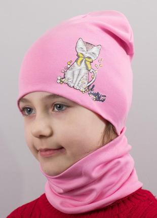 Детская шапка с хомутом канта "кошка" размер 48-52, розовый (oc-507)1 фото
