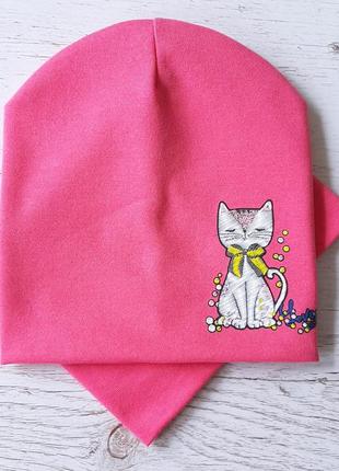 Детская шапка с хомутом канта "кошка" размер 48-52, розовый (oc-507)3 фото