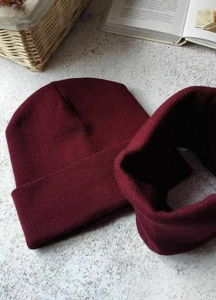 Комплект шапка с хомутом канта унисекс размер подростковый бордо (ol-001)