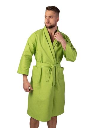 Вафельный халат luxyart кимоно размер (42-44) s 100% хлопок оливковый (ls-1352)