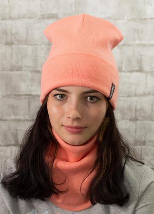 Комплект шапка с хомутом канта унисекс размер подростковый персик (ol-016)2 фото