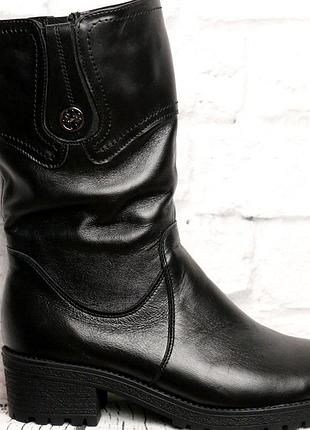 Сапоги женские средней длинны кожаные чёрные  зимние на маленьком каблуке  размеры 40.41. footstep код-(405)