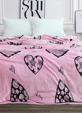 Теплый розовый плед покрывало велсофт (микрофибра) двуспальный любовь 200х220 на диван, кровать
