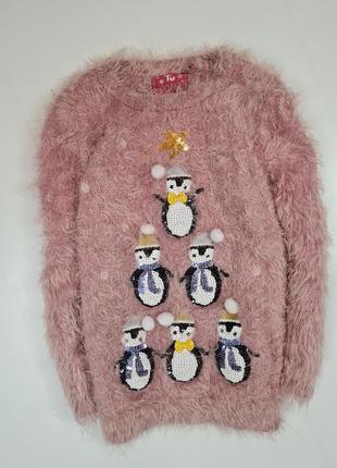Пудровый пушистый меховой свитер с пингвинами7 фото