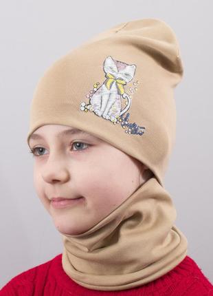 Детская шапка с хомутом канта "кошка" размер 52-56 беж (oc-980)