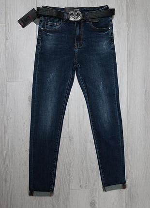 Джинсы женские демисезонные тёмно синие с потёртостями размеры 28-33 sasafina код-( 9079)