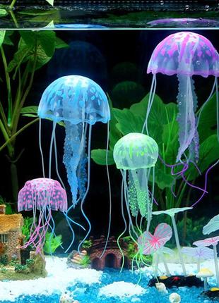 Медуза в аквариум зеленая - диаметр шапки около 9,5см, длина около 18см, силикон, (в темноте не светится)4 фото